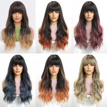 Long Hair Big Wave Air Bangs Gradient Color Full Head wig