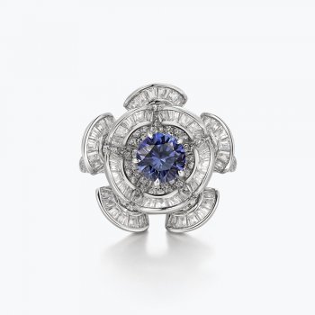 Light luxury 5.20g ice flower cut blue diamond core silver flower S925 silver female ring