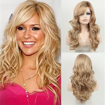 Fashion New Blonde Long Curly Hair Oblique Bangs Chemical Fiber Wig