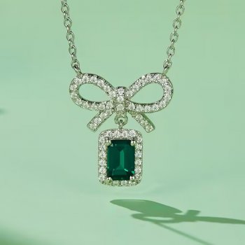 Best Jewelry Cross-border European and American Bow Pendant Inlaid Cultivated Emerald Colored Gem Necklace