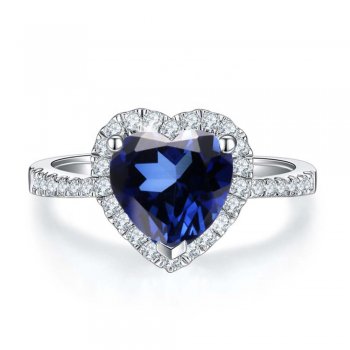 925 Sterling Silver Jewelry Fancy Heart Cut Royal Blue Zircon Double Halo Ring