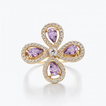 Hot selling popular high quality 925 sterling silver jewelry purple zircon teardrop shaped flower halo ring