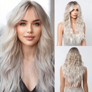 Gradient platinum figure bangs, face-shaping long curly hair, natural lazy fashionable wig