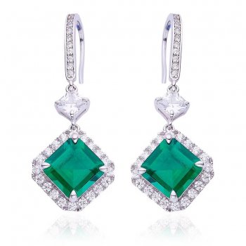 Square High Carbon Diamond Cultured Emerald S925 Silver Plated White Gold Earrings