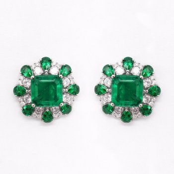 Hot Selling S925 Sterling Silver Women's Stud Earrings Simulation Emerald High Carbon Diamond Square Temperament Luxury Earrings