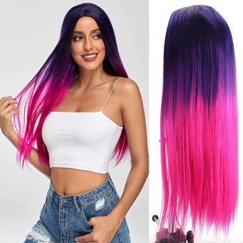 New Women Fashion Gradient Pink Long Straight Hair Chemical Fiber Wig