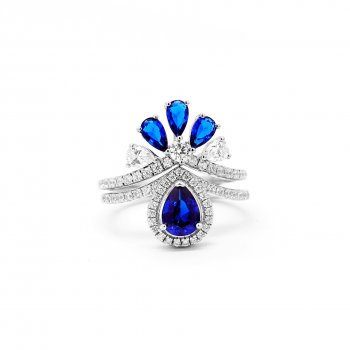 Royal blue synthetic teardrop ring stacking style female diamond ring V-shaped ring S925 sterling silver ring