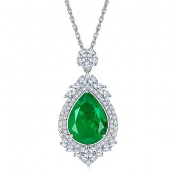 Pear Shape Green Glass S925 Silver Platinum Plated Necklace