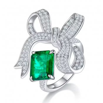 Hot sale 925 silver ring female rectangular cultivated emerald platinum plated bow European and American fashion ring