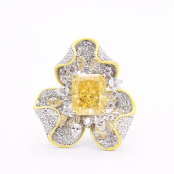 Light luxury simple vivid yellow high carbon diamond small cube ice flower cut yellow diamond flower ring whole body S925 color