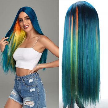 New colorful Long Straight Hair Cosplay Fashion Center Parted Wig