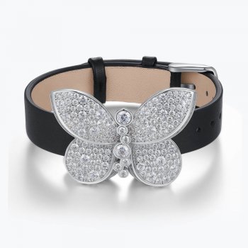 Personalized fashion 925 silver full diamond inlaid zircon genuine leather men and women white butterfly bracelet