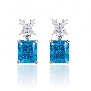 Rectangular high carbon diamond ice flower cut blue earrings S925 silver plated platinum exaggerated ins style earrings