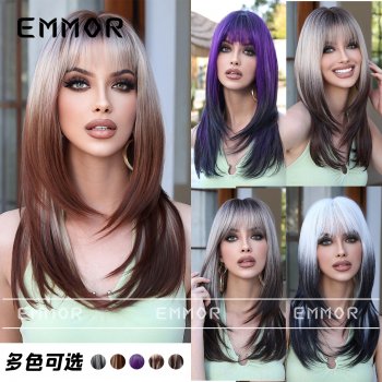 New Gradient Color High-level Medium-length Curly Hair summer Dopamine wig