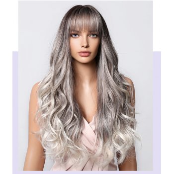 Natural Realistic Air Bangs Gradient Gray Big waves wig