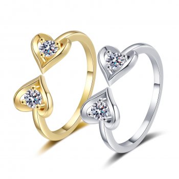 Double love heart set with diamond and zircon ring for women, simple fashion jewelry