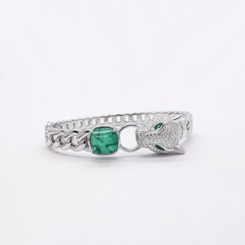 New Fashion High-end S925 Silver European and American Leopard Head Green Eye Hollow Bracelet