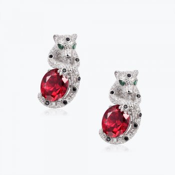 Atmospheric and fashionable cheetah inlaid pigeon blood red zircon women's earrings 925 silver earrings