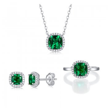 New fat square cultured emerald S925 sterling silver three-piece jewelry set retro and versatile