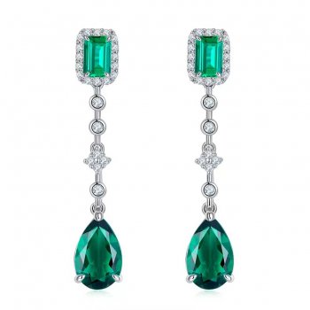 Hot selling pear-shaped + rectangular cultured emerald 925 silver plated with white gold 5.0CT luxurious atmospheric earrings