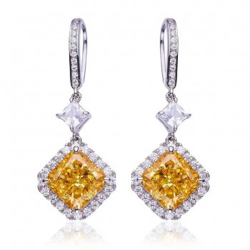 Ice Flower Cut Vivid Yellow High Carbon Diamond S925 Silver Platinum Plated Ear Hooks