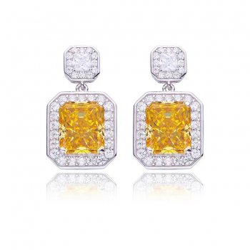 New Square Fancy Yellow High Carbon Diamond S925 Silver Plated Platinum Earrings 13.5CT