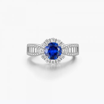 High-end blue round diamond S925 silver jewelry female high-end royal blue synthetic gemstone ring