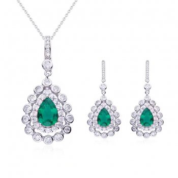 Pear Shaped Cultured Emerald 925 Sterling Silver White Gold Plated Necklace Earrings Jewelry Set