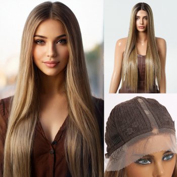 Temperament Long Hair Natural Invisible Front Lace Head Woven center paerted No Bangs Full head Covering Wig