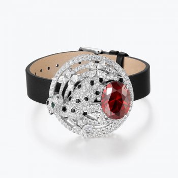 High-quality 925 silver full diamond inlaid zircon genuine leather men's and women's hip-hop leopard head pigeon blood red brace