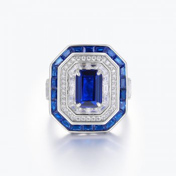 High Quality 925 Sterling Silver Synthetic Zirconia Sapphire Halo Royal Blue Ring