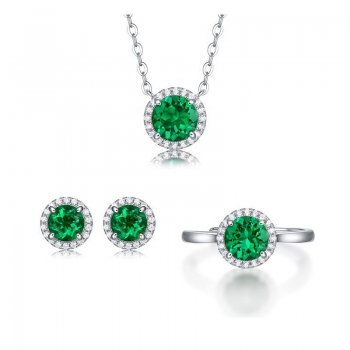 Round Cultured Emerald Jewelry 925 Sterling Silver Three-Piece Jewelry Set