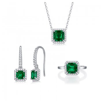 New Asscher Cultured Emerald S925 Sterling Silver Three-Piece Jewelry Set