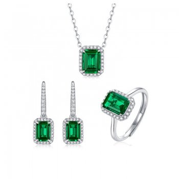 Cultured Emerald Three-Piece Ring, Necklace, Pendant, Earrings Jewelry Set