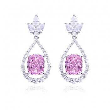 Hot sale fat rectangular pink high carbon diamond S925 silver plated white gold earrings