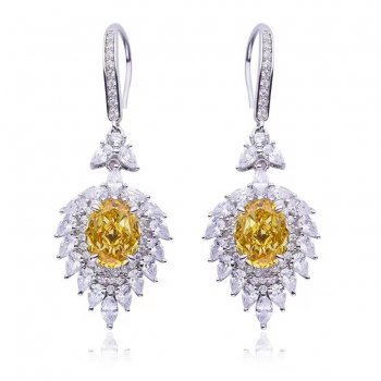 Hot Sale Fancy Yellow Egg Shape High Carbon 925 Silver Plated White Gold Earrings 4.0CT