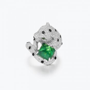 High quality high end 925 silver luxury emerald agate full diamond leopard wood green ring